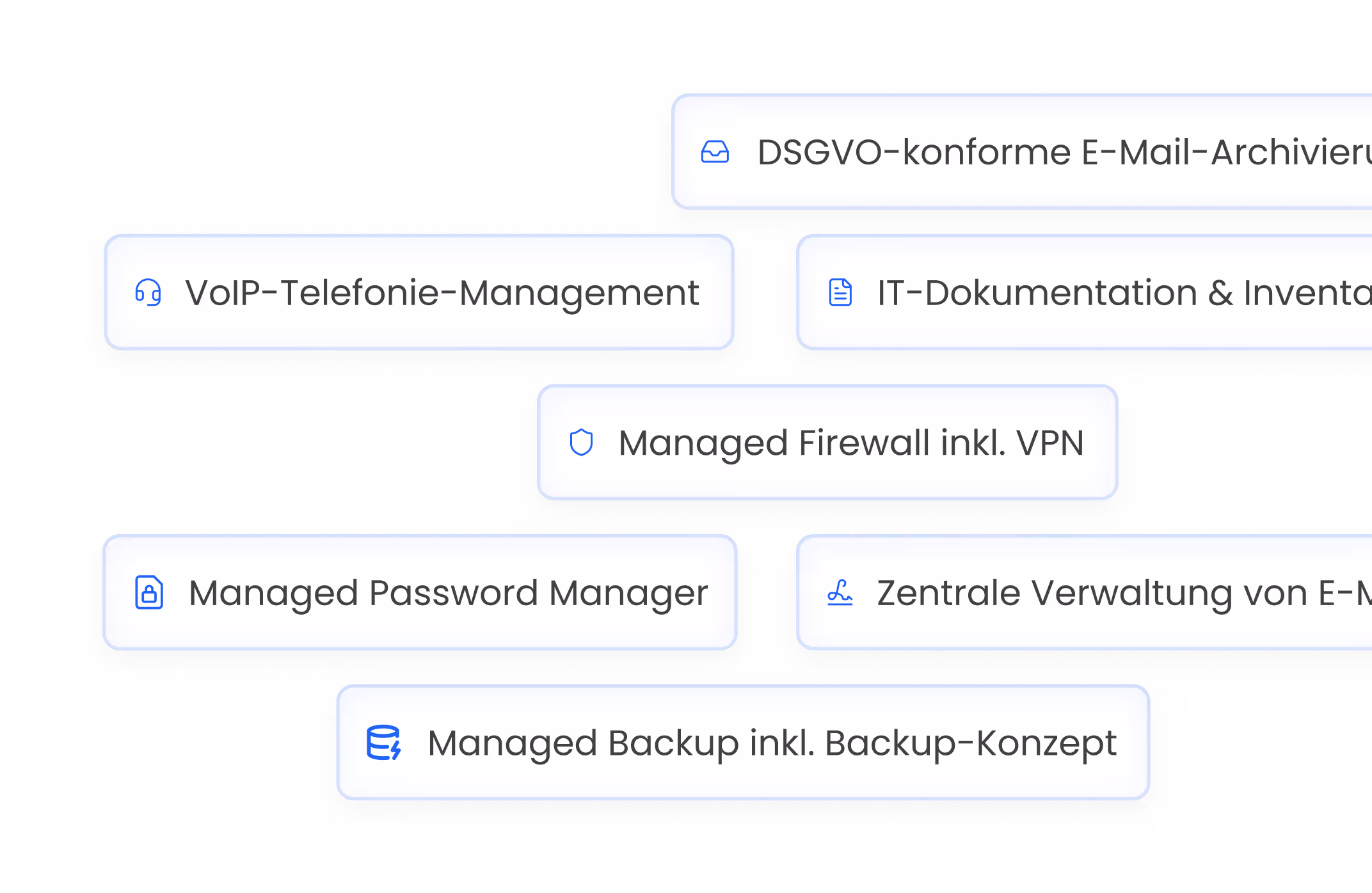 Zusätzliche Dienste: DSGVO-konforme E-Mail-Archivierung, VoIP-Telefonie-Management, IT-Dokumentation und Inventarisierung, Managed Firewall inklusive VPN, Managed Password Manager, zentrale Verwaltung von Endgeräten, Managed Backup inklusive Backup-Konzept